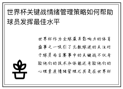 世界杯关键战情绪管理策略如何帮助球员发挥最佳水平