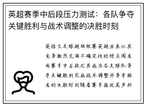 英超赛季中后段压力测试:各队争夺关键胜利与战术调整的决胜时刻 英超赛季中后段压力测试:各队争夺关键胜利与战术调整的决胜时刻