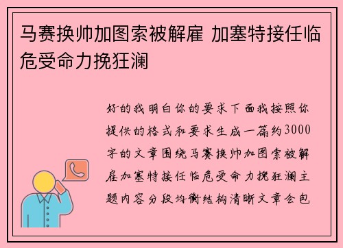马赛换帅加图索被解雇 加塞特接任临危受命力挽狂澜