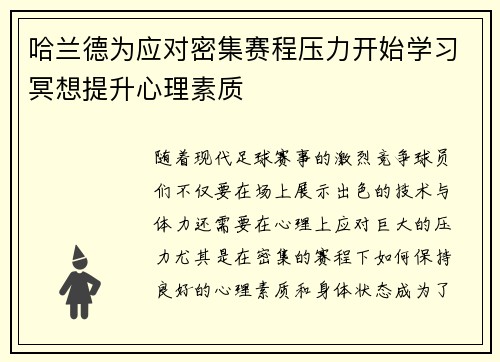 哈兰德为应对密集赛程压力开始学习冥想提升心理素质 哈兰德为应对密集赛程压力开始学习冥想提升心理素质